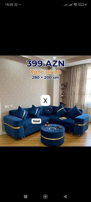 Ev üçün mebel: Künc divan – ölçü: 280 × 200 sm - Rəng: dərin mavi - Parça: yumşaq — 1