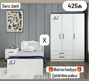 Gənc dəsti – 425₼ Komplekt: - Tək nəfərlik çarpayı - 3 qapılı dolab