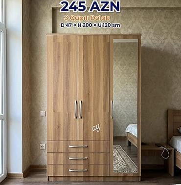3 qapılı geyim dolabı - Ölçülər: Dərinlik 47 sm × Hündürlük 200 sm ×