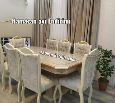 Masa və oturacaq dəstləri: Qonaq otağı üçün, Yeni, Açılmayan, Dördbucaq masa, 6 stul — 5