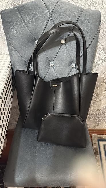 dəst cantalar: Qara rəngli qadın çanta dəsti - Material: süni dəri (glossy, hamar — 1