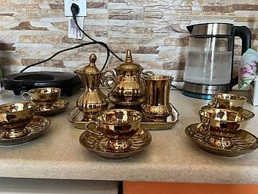 cay: Çay dəsti, rəng - Qızılı, Metal, 6 nəfərlik — 6