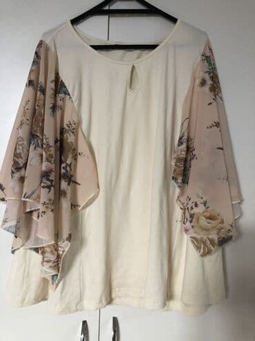 uzunqol bluzkalar ilə qadın köynəkləri: Qadın geyimləri dəsti 1) Krem rəngli bluz - Boğazı dairəvi, ön — 1