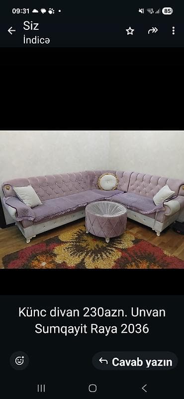 yazı masa: Künc divan dəsti - Rəng: açıq bənövşəyi (lilac), ağ detallarla - — 1