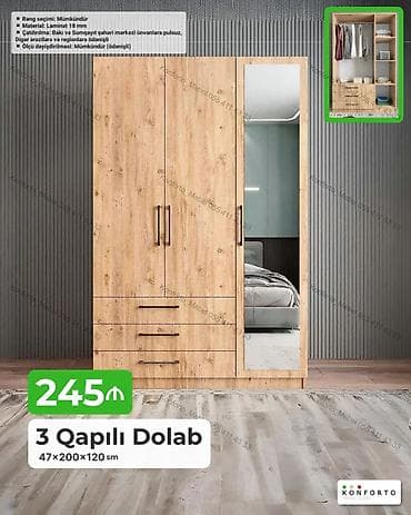 skaf: 3 qapılı geyim dolabı – 47×200×120 sm - Material: 18 mm laminat - — 1