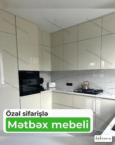 Özəl sifarişlə mətbəx mebeli - Minimalist, parlaq krem rəngli