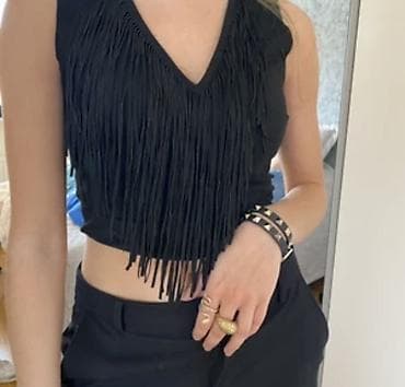 Üst geyimi: Zara Basic dəsti – qara süet effektli materialdan, qotaz (saçaq) — 6