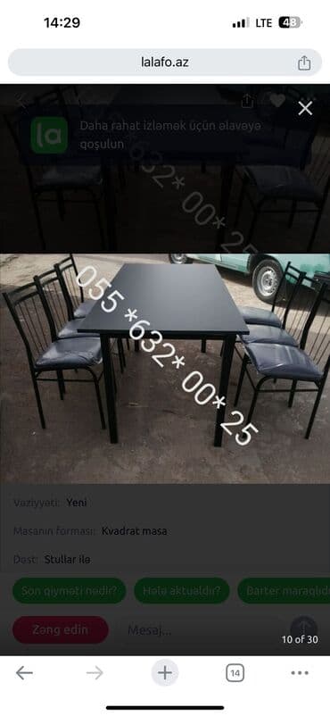 stol stul işlenmiş: Yeni, Kvadrat masa, 4 stul, Açılmayan, Stullar ilə, Metal, Azərbaycan — 11