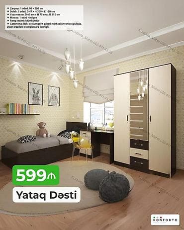 usag maneji: Yataq Dəsti – 599 ₼ Dəst tərkibi və ölçülər: - Çarpayı: 1 ədəd, 90 × — 1