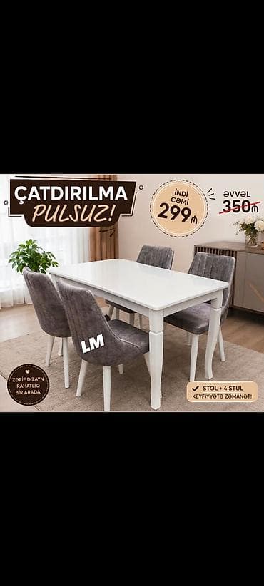 Мебель: Ağ rəngli yemək otağı dəsti – 1 stol + 4 stul - Zərif, minimal dizayn — 1