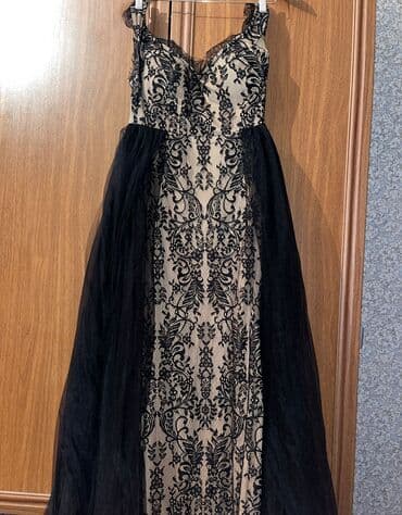 qara qisa don modelleri: Qara krujeva naxışlı ziyafət geyimi - Model: of-shoulder (çiyindən — 2