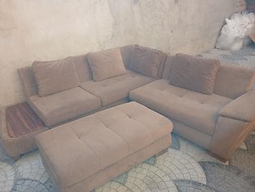 kreditle kunc divanlar: Künc divan dəsti – yumşaq süet tipli parça, bej/qəhvəyi rəng — 1