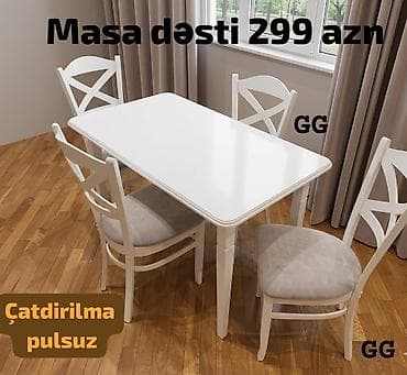 perla stul: Masa dəsti – 299 AZN Ağ rəngdə zərif dizaynlı yemək masası və 4 ədəd — 1