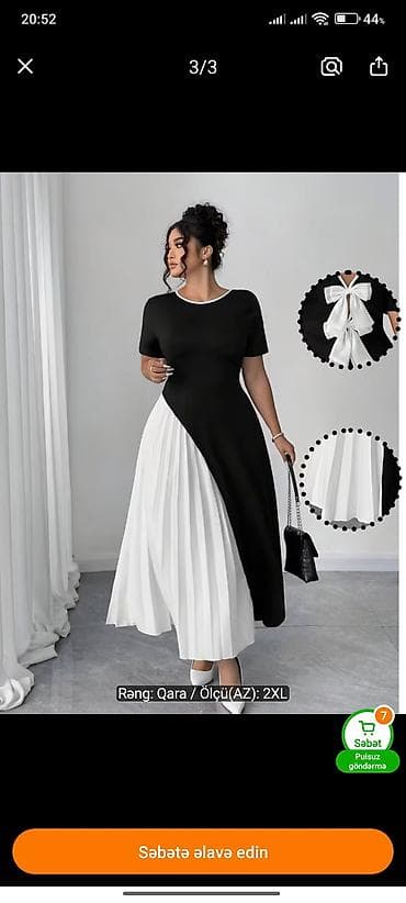 cins donlar: Qadın paltarı – qara-ağ, 2XL - Model: midi/maxi uzunluqda, qısaqoll — 2