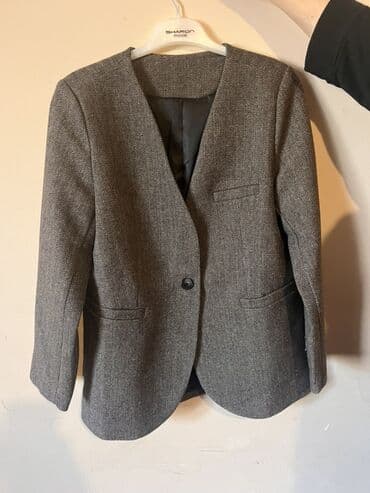 Ev geyimləri, pijamalar: Qadın blazeri – klassik boz rəng, balıqsümüyü (herringbone) naxışlı — 2