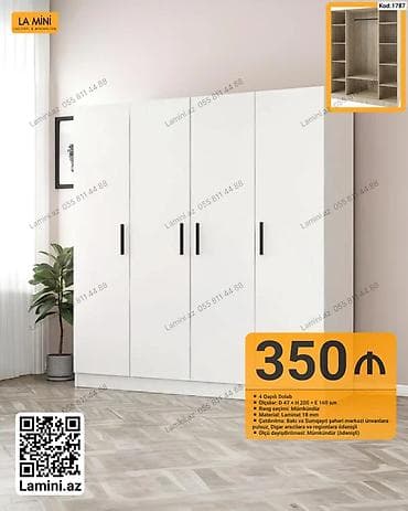 4 qapılı dolab – Kod: 1787 - Ölçülər: D 47 × H 200 × E 160 sm - Rəng — 1