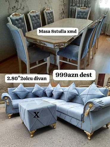 Şık mebel dəsti – zərif qızılı naxışlara və bozumtul-mavi tonlara
