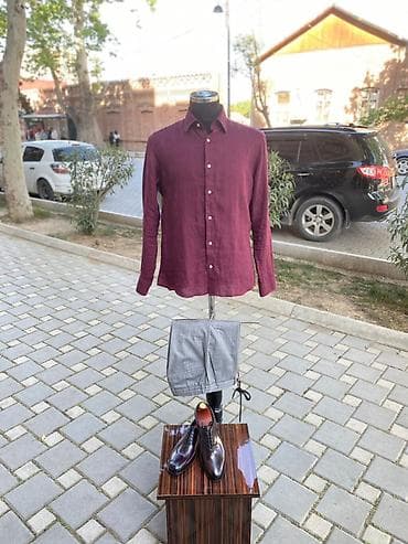 Bordo rəngli kişı köynəyi + boz şort + klassik dəri ayaqqabı dəsti -