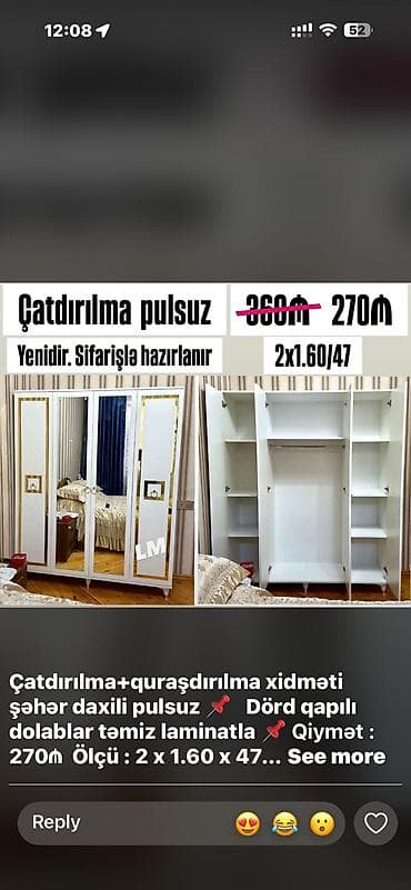 4 двери, С зеркалом, Белый, Другой материал, Распашной, Прямой шкаф at lalafo.az 4 двери, С зеркалом, Белый, Другой материал, Распашной, Прямой шкаф
