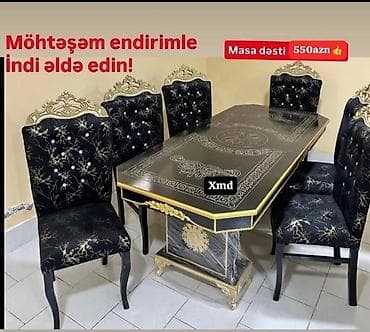 барные стулья: Qonaq otağı üçün, Yeni, Açılmayan, Dördbucaq masa, 6 stul — 1