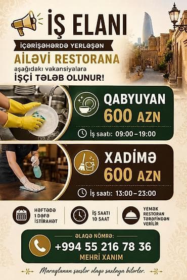 restoranda is elanlari 2024: Qabyuyan tələb olunur — 1