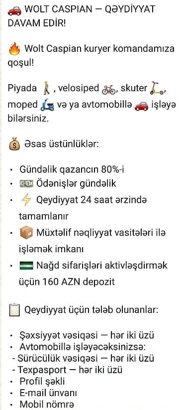 taksi operator: Sürücü-kuryer tələb olunur, Şəxsi nəqliyyat vasitəsi ilə, Gündəlik ödəniş, Təcrübəsiz — 1