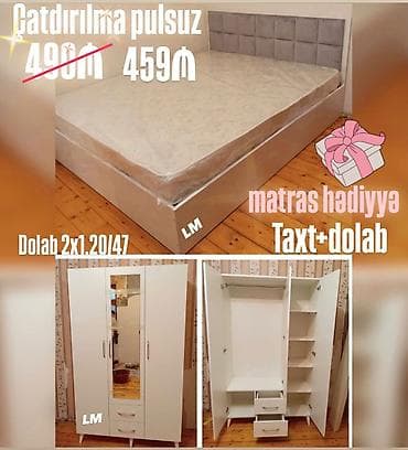 Taxt + dolab dəsti - Qiymət: 459₼ - Taxt: 1.60 × 2.00 m, yumşaq