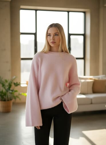 Zərif açıq çəhrayı rəngdə oversize sviter - Yumşaq, tüklü teksturaya lalafo.az -da Zərif açıq çəhrayı rəngdə oversize sviter - Yumşaq, tüklü teksturaya