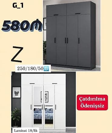 Yeni, 4 qapılı, Güzgülü, Ağ, Açılan, Düz dolab