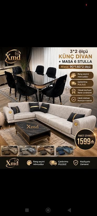 Xmd mebel dəsti – 3×2 ölçülü künc divan + masa və 6 stul Komplektin — 1