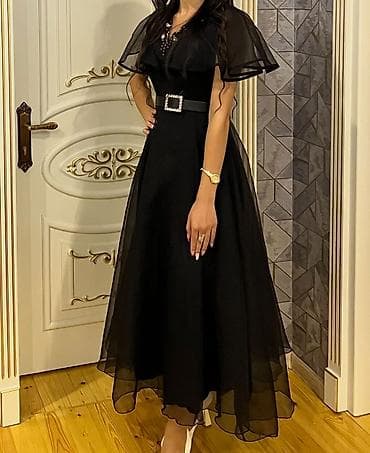 Zərif qara ziyafət/əlvanlıq geyimi - Model: A-kəsim, orta uzunluq