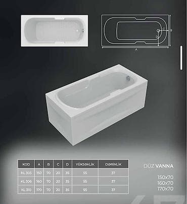 tulpan hamam ucun: Yeni Vanna, Akril, 120x70 sm, Ödənişli çatdırılma — 2