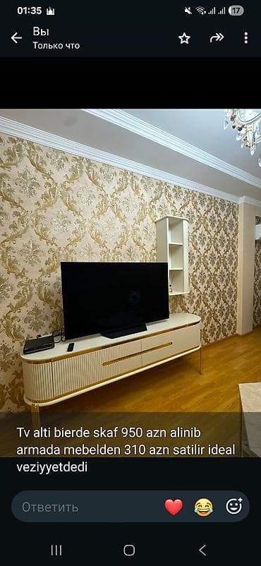 stil mebel: TV altı tumbə və divar rəfi dəsti - Rəng: krem/ağ tonlarında, qızılı — 1