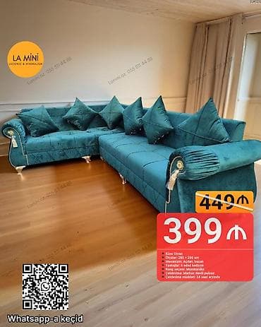 Künc divan, Açılan, Bazalı, Vеlur parça, Şəhərdaxili pulsuz çatdırılma