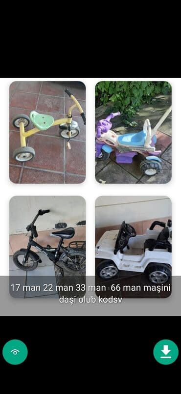 maşın uşaq ucun: Usaq masinlari şekillerde qiymətler məlumatlar qeyd olunub unvan Gence — 11