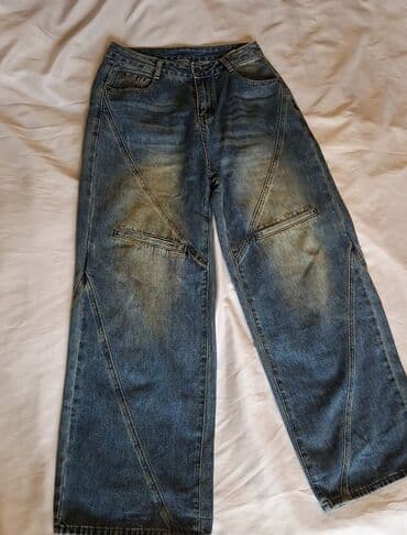 Geniş kəsimli mavi cins şalvar - Klassik mavi yuma, ön və arxa