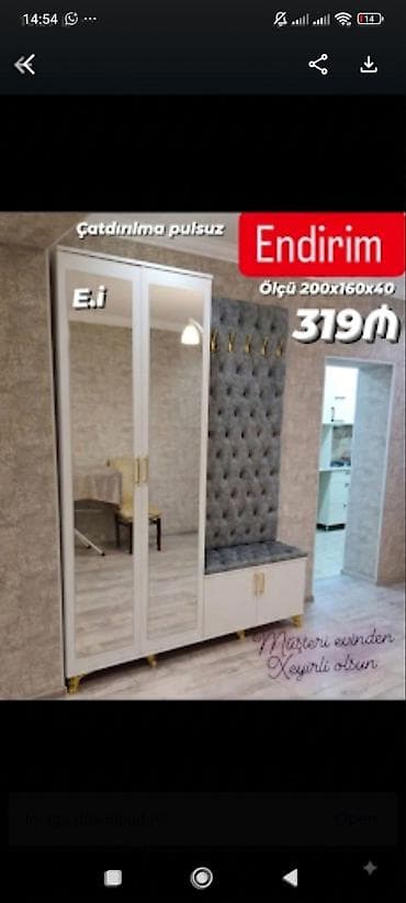 Mebel: Dəhliz üçün çoxfunksiyalı dəst – güzgülü ikiqapılı dolab, yumşaq — 1