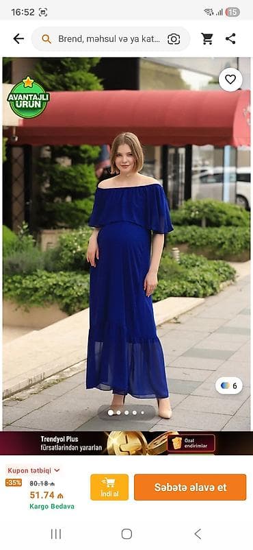 güllü don: Mavi rəngdə hamilə maxi don - Stil: Açıq çiyinli (off-shoulder) — 3