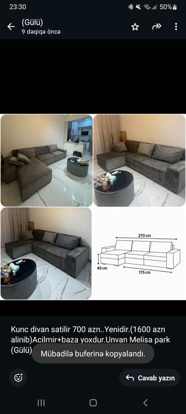 gullerin satisi: Künc divan, Açılmayan, Bazasız, Vеlur parça, Çatdırılma yoxdur — 1