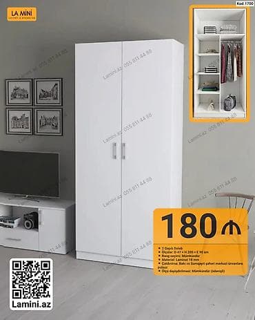 İki qapılı geyim dolabı – Kod: 1700 - Ölçülər: D 47 × H 200 × E 90 sm — 1