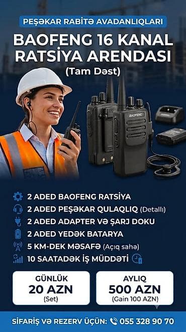 Другое оборудование: BAOFENG 16 kanal ratsiya icarəsi – Tam dəst Paketin tərkibi: - 2 ədəd — 1