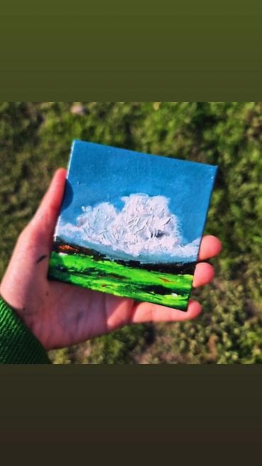 Mini akril boya tablo – “Buludlu çəmənlik” motivi - Texnika: akril