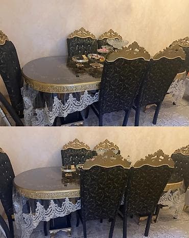 stullar ev ucun: Qonaq otağı üçün, İşlənmiş, Oval masa, 6 stul — 1