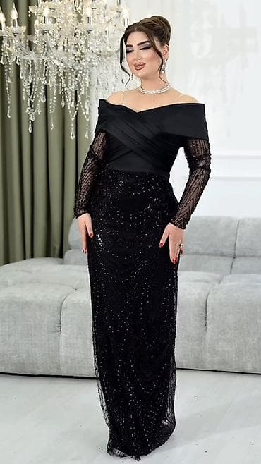 donlar toy: Zərif gecə/libas – qara rəngdə uzun ziyafət donu - Model: çiyinlər — 2