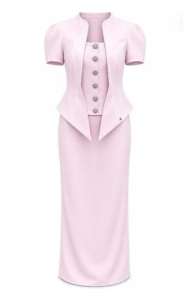 Zərif açıq çəhrayı rəngdə qadın dəsti – qısaqol jaket, büst və uzun