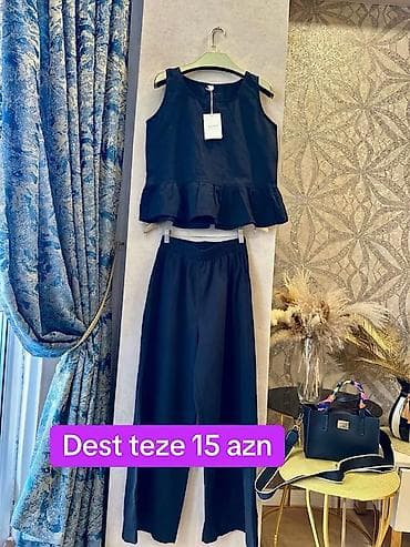 Qadın geyim dəsti – qara rəng - 2 hissəli: qolsuz bluz və şalvar -