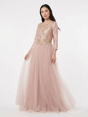 Zərif pudra rəngində uzun ziyafət/gecə geyimi - Model: A-kəsim, yerə