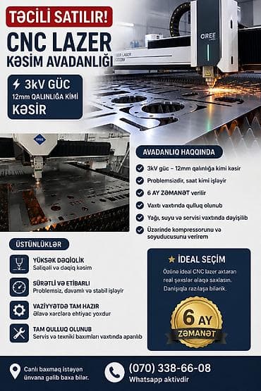 Alətlər: 🔴 TƏCİLİ SATILIR — CNC LAZER KƏSİM DƏZGAHI ⚙️ 3 kV güc 📏 12 mm — 1