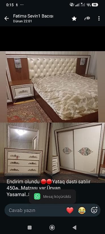 qaz satilir: Endirim olundu 🛑🛑Yataq dəsti satılır 450₼. Matrası var.Ünvan — 1