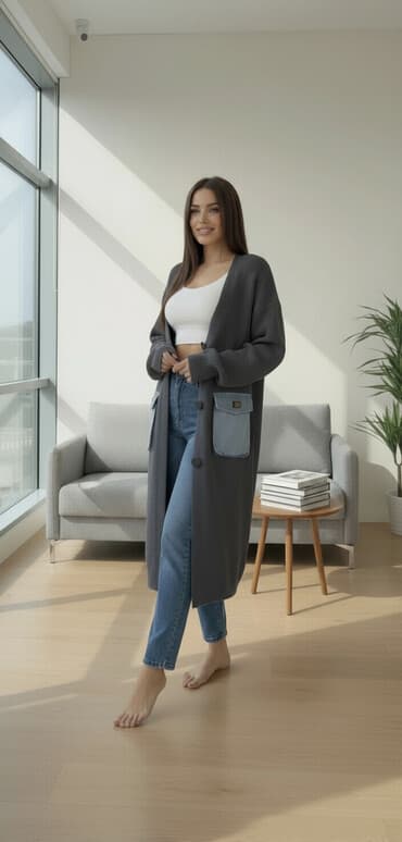 женские джинсовые кардиганы: Qadın uzun denim cibləri olan kardiqan Model: Uzun, V-kəsimli — 1